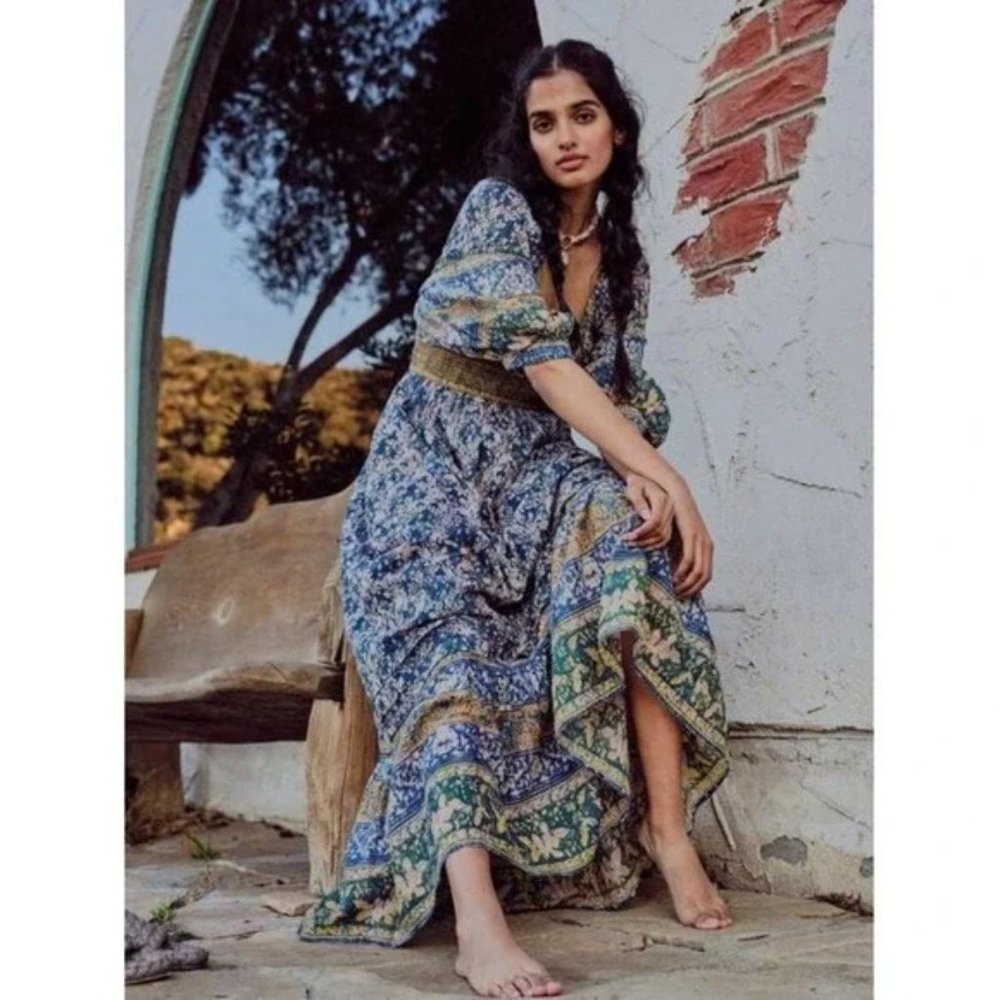 Free People Golden Hour Border Maxi Dress in Teal Combo, Floral Boho, Medium